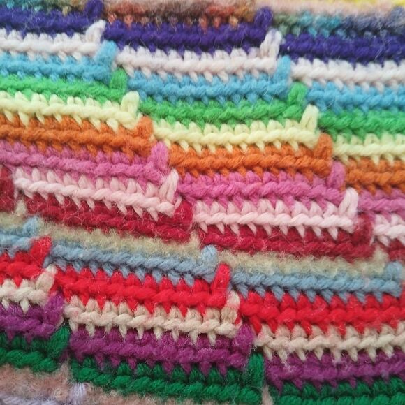 1980's Crochet Afghan Blanket Retro Rainbow Throw Fringe Ends Upcycled 67" x 52" - Picture 3 of 14